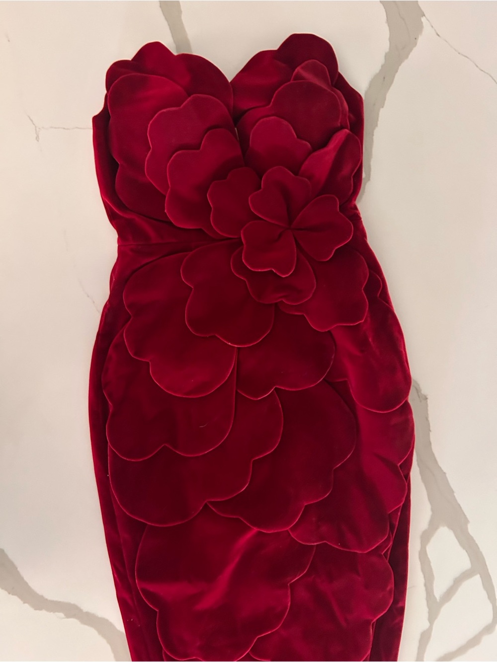 Strapless Red Velvet Petal-Embellished Evening Dress